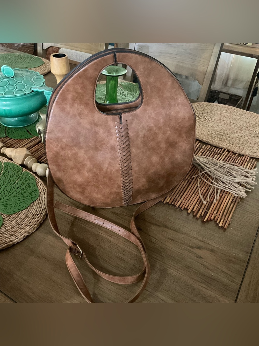 Round Brown Leather Crossbody Bag with Braided Detail 15x15